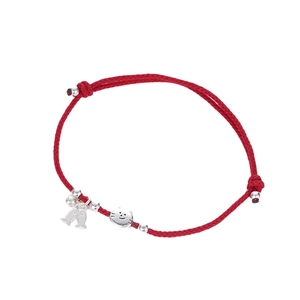 Handmade red cord bracelet featuring silver cat and fish charms with adjustable pull knot