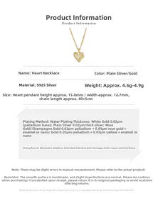 Detailed specs of the matte S925 silver heart necklace in gold finish with dimensions