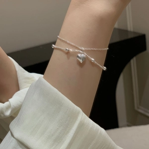 S925 Sterling Silver Double Layer Heart Bracelet For Women Minimalist Niche Design Round Bead Chain Bracelet Elegant Jewelry Gift