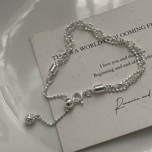 Minimalist S925 sterling silver triple-layer beaded bracelet with adjustable drawstring closure