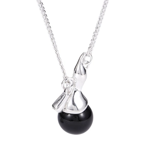 Minimalist S925 sterling silver sweater chain featuring a round black agate pendant