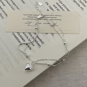 Elegant S925 sterling silver double-layer bracelet with heart pendant and round beads