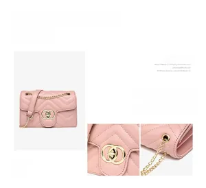 Detail of pink quilted PU leather bag showing V-pattern stitching and gold metal ring lock