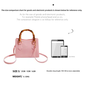 Pink PVC jelly bag size S guide with bamboo handle and 100-120cm non-adjustable strap