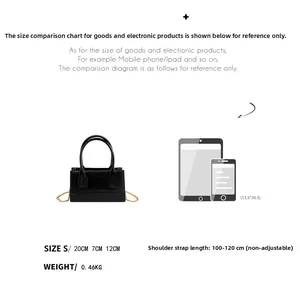 Size chart showing 20x7x12cm dimensions for the PVC square crossbody bag with scale
