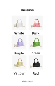 Detailed color display of square PVC jelly bags in six vibrant colors with gold chain straps