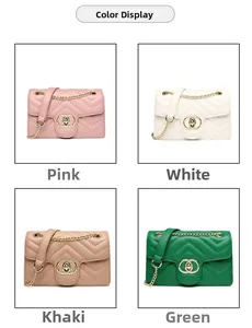 Detailed color display of quilted PU leather chain bags in pink, white, khaki, and green
