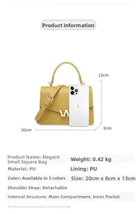 Detailed technical drawing of yellow PU small bag showing size 20x8x13cm and phone comparison