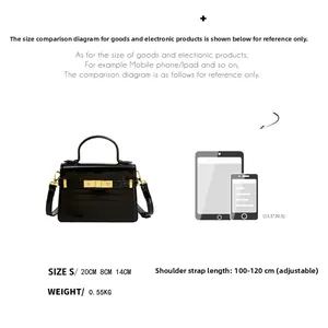 Guide des tailles sac bandoulière noir en PU montrant dimensions 20x8x14 cm et échelle iPad