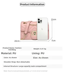 Pink quilted PU leather crossbody bag size 20x11x7cm shown with phone for scale
