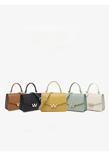 Detail showing five colors of PU leather crossbody bags with golden W-shaped buckles