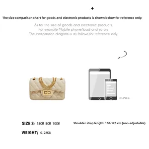 Detailed size chart showing a 18x8x10cm small quilted crossbody bag and weight specs