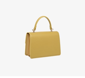 Side view of mustard yellow PU leather crossbody bag showing smooth texture and handle