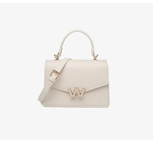 Detail of cream PU leather crossbody bag featuring gold W hardware and adjustable strap