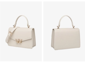 Dual view of a beige PU leather crossbody bag featuring a golden W-shaped metal logo