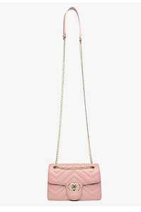 Detailed close-up of light pink chevron quilted small crossbody bag with gold chain strap