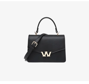 Close-up of black PU leather crossbody bag featuring a golden W-shaped metal buckle detail