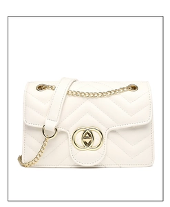 Detail of white chevron quilted PU leather bag with gold chain strap and buckle