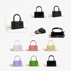 Detailed size specifications and color options for PVC jelly cube handbag with gold chain