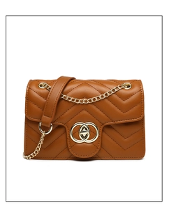 Close-up of caramel PU leather bag featuring V-shaped quilting and gold metal ring clasp