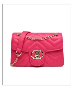 Detail of fuchsia V-quilted faux leather bag with golden interlocking metal lock