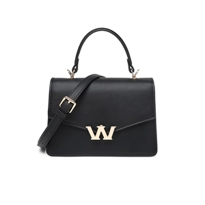 Elegant black PU leather crossbody bag with a stylish gold W-shaped metal clasp