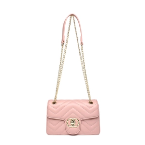 Pink PU leather crossbody bag with V-quilted pattern and gold chain strap for women