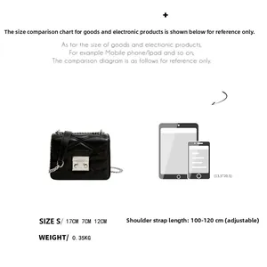 Guide des tailles pour sac bandoulière en PU noir matelassé avec dimensions 17x7x12cm