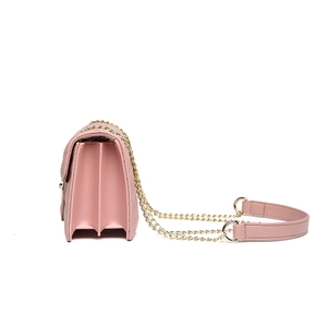 Pink quilted PU leather crossbody bag with triple accordion pleats and gold chain strap