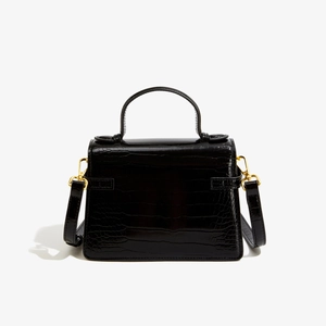 Sac bandoulière classique en similicuir crocodile noir avec détails en métal doré poli