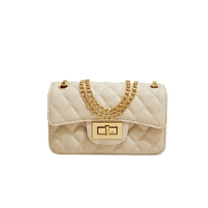 Elegant quilted cream PU leather crossbody bag with golden chain and twist lock