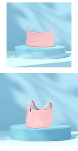 Detail of light pink glossy PVC jelly bag with integrated handle and sleek finish