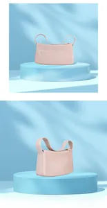 Detailed side view of a pink PVC jelly shoulder bag on a minimalist display stand