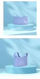Detail of lavender PVC jelly bag with golden zipper on a light blue podium