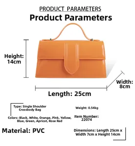 Détail d'un sac en PVC orange montrant les dimensions 25x8x14cm et le matériau durable