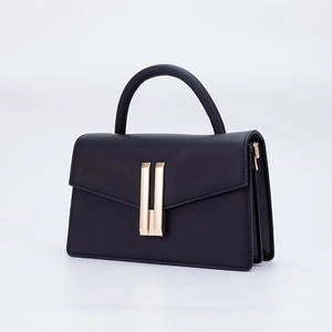 Elegant black leather handbag with a gold metal clasp and accordion side gussets