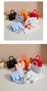 Mini PVC jelly bags in multiple vibrant colors with gold snap button and top handle details