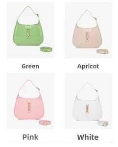 Detailed view of PVC hobo bags in green, apricot, pink, and white with golden clasps