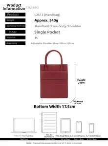 Detailed view of red geometric folding PU handbag showing dimensions and daily capacity