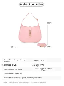Pink PVC crescent bag detail with removable shoulder strap and metallic piston buckle