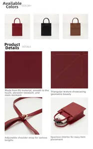 Detail of square PU leather handbag showing triangular texture and adjustable shoulder strap
