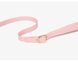 Detail of pink PVC crescent bag strap with golden metal buckle and stitching