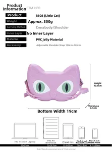 Pink cat-shaped PVC jelly bag for kids with detailed dimensions and size comparison