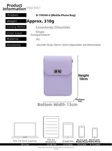 Size comparison of purple PU crossbody bag with laptop and tablet showing dimensions