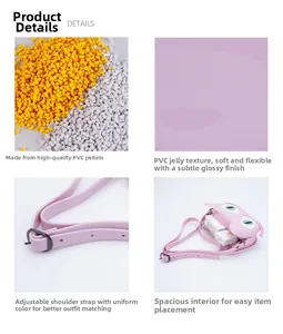 Detail view of purple PVC cat bag showing material texture, strap and interior storage