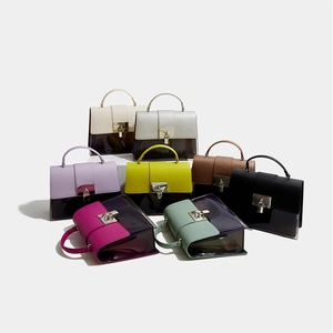 Matrix layout of cross-body bags in multiple colors featuring textured PVC and metal lock