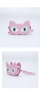 Detailed front and side view of pink cat shaped silicone crossbody bag for girls