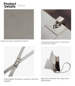 Detailed views of grey PU leather crossbody bag featuring metal lock and adjustable strap