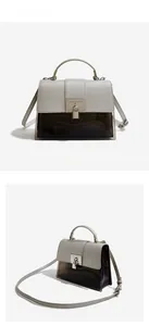 Front and side views of gray cross-pattern leather and translucent PVC crossbody bag