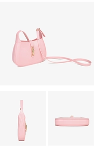 Detailed views of pink PVC hobo bag showing golden piston lock and leather strap